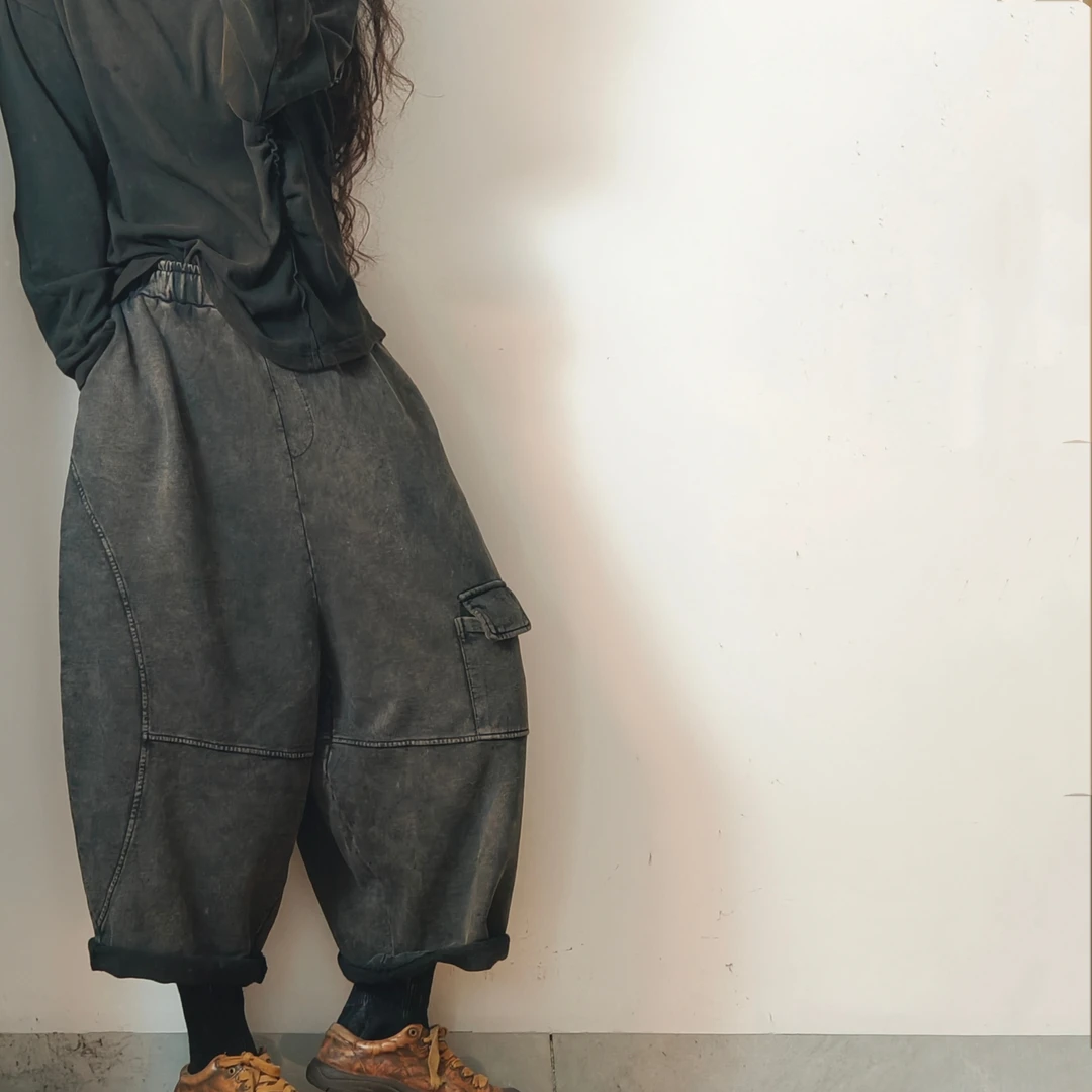 虞姑娘推荐  复古炒色做旧弧度多拼卫裤(裤长臀围138)