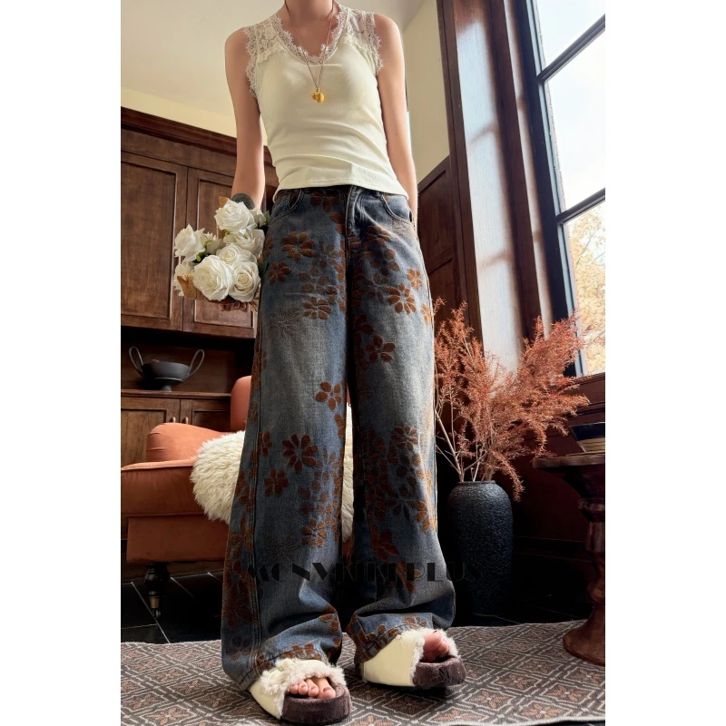MoNvKiKiPlus2「花入梦」大码微胖复古提花绒做旧牛仔裤#B360