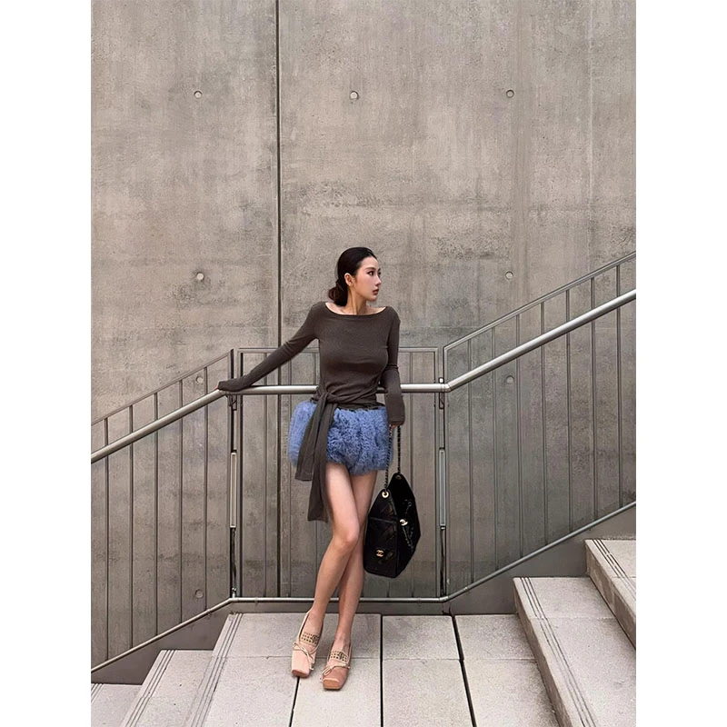 2025纯欲风时尚休闲百搭长袖T恤上衣高腰设计感半身裙裙裤女套装