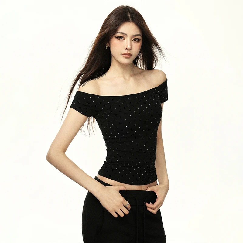 AAISUP辣妹性感一字露肩短袖T恤烫钻短款修身上衣女夏季设计感潮