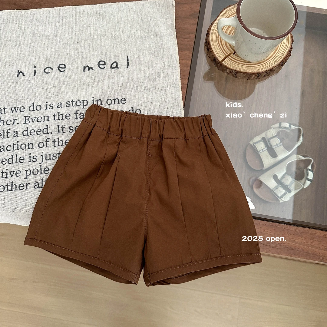 T25X27新款夏季短裤打褶男童女童咖色凉快裤子休闲百搭纯色全棉