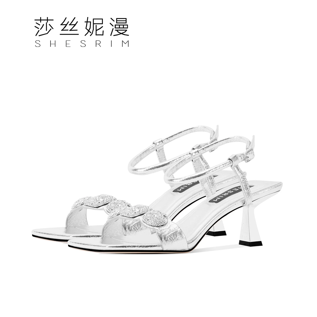 305-新品夏季真皮凉鞋上新一字带露脚趾女士凉鞋中跟夏季凉鞋方根