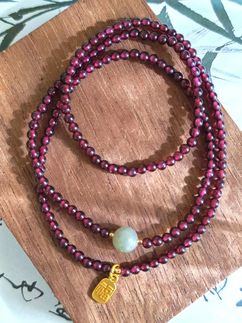 独奢【赤珠福影】原创三圈经典石榴石和田玉手链-DS021012D5