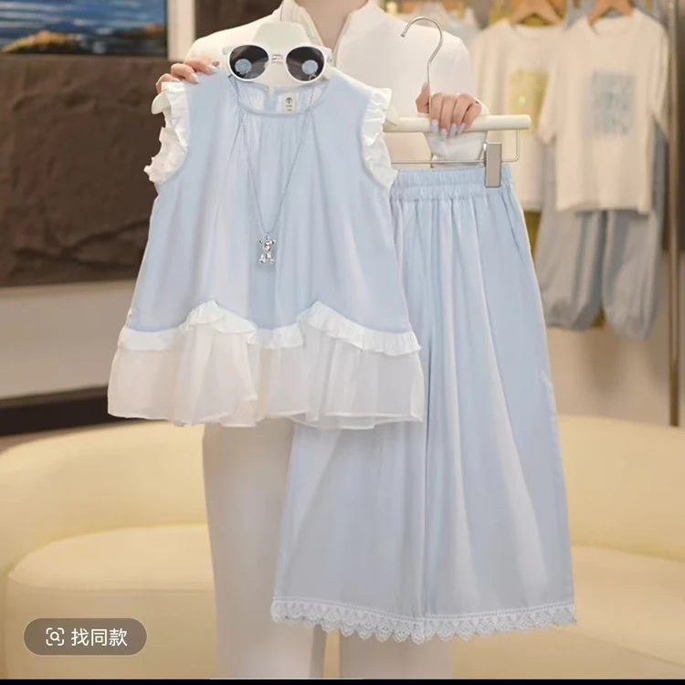蕾丝洋气套装纯色童装休闲韩版常规休闲风夏季女少女儿童女童时尚