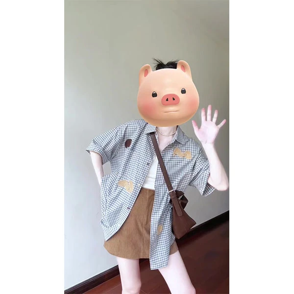 日系夏季时尚休闲百搭攀岩波点元素毛巾绣格子衬衫内搭短裙三件套