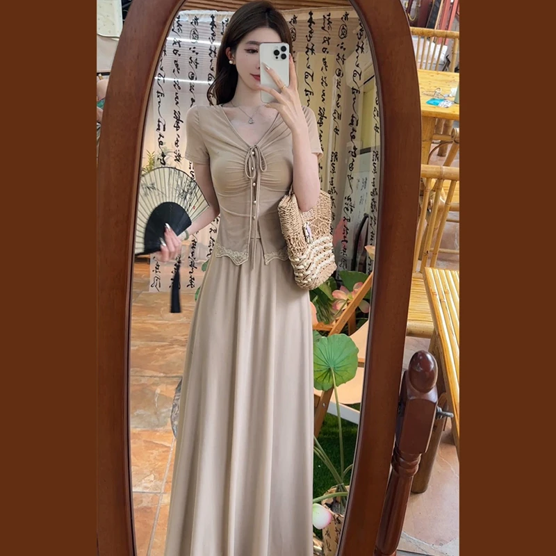 梨形身材穿搭两件套女夏季2025温柔风法式气质长裙套装清仓2975