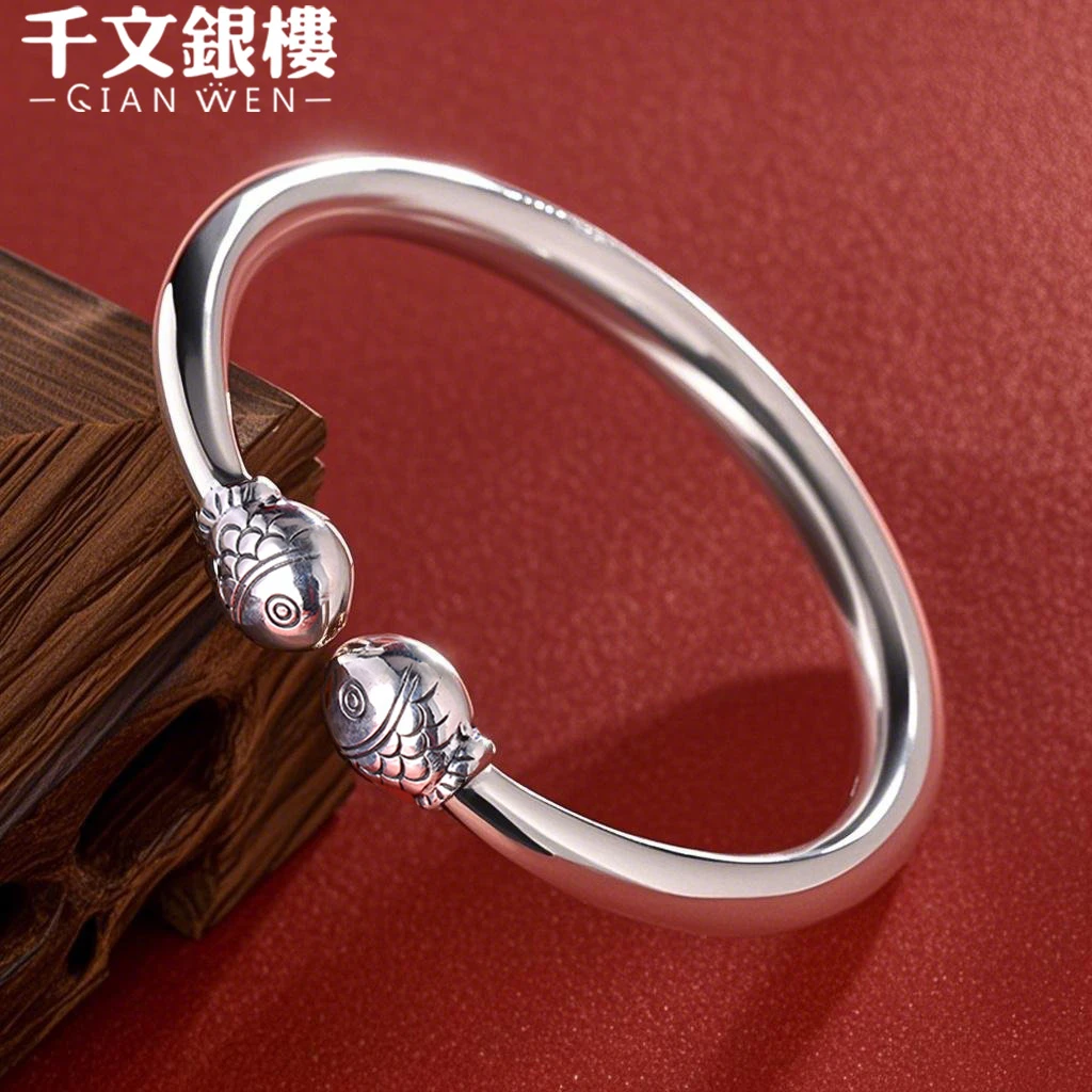 足银手镯 纯手工光面对口双鱼镯民族风实心简约百搭银镯子