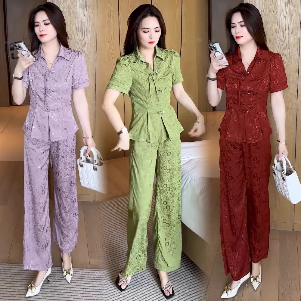 新中式套装女2025夏季新款洋气收腰显瘦盘扣短袖上衣阔腿裤两件套