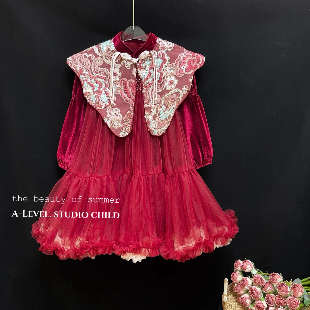 女童连衣裙冬季新款2023冬季百搭加绒加厚中国风披肩重工公主裙