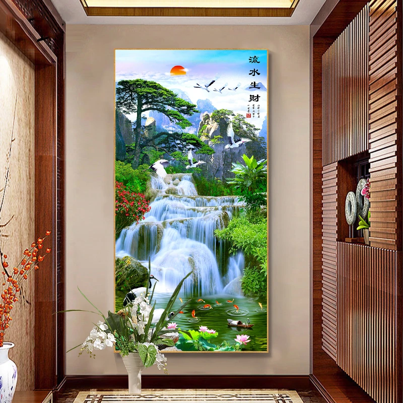 新款竖版玄关山水风景画流水生财满钻全贴魔方圆钻石画卧室客厅