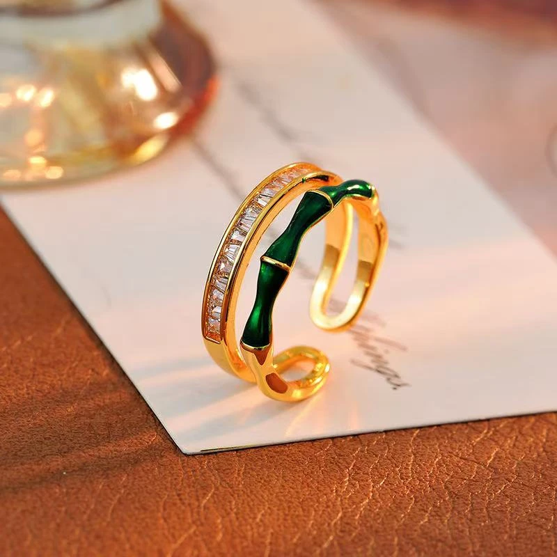 铜合金合成锆石戒指 a121---时尚气质复古竹节绿色珐琅开口戒