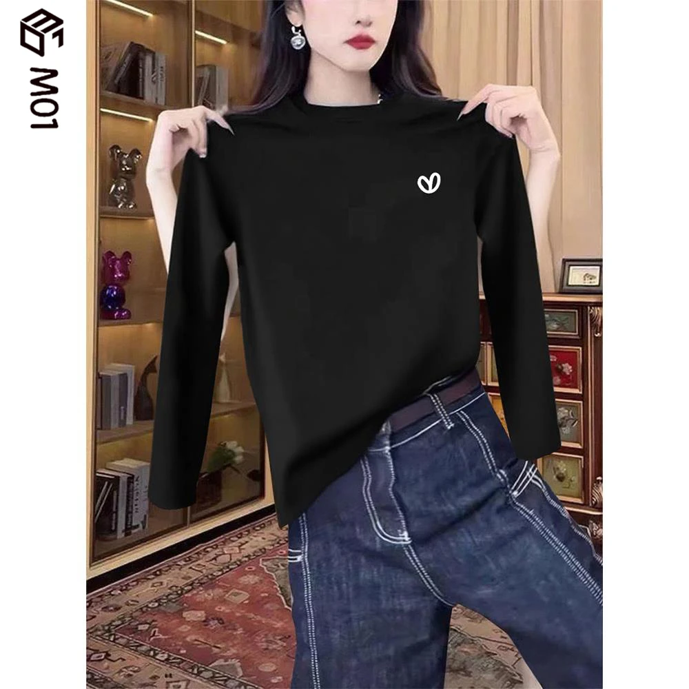 M01正肩纯棉长袖t恤女2025新款时尚百搭黑色内搭打底衫上衣春秋冬