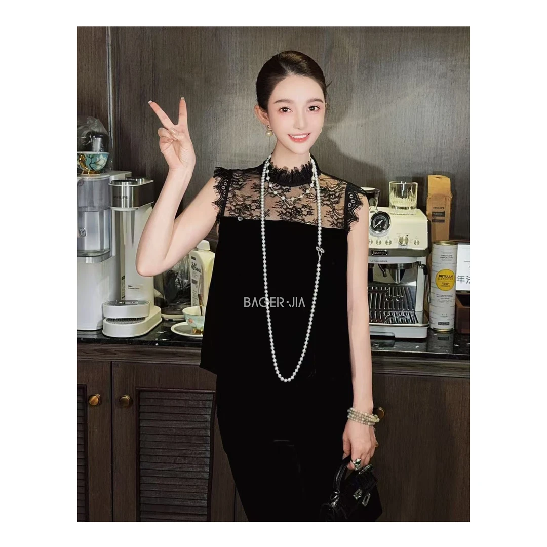 88-宝儿家含幂BG42825206XQ夏季新款优雅风蕾丝花边真丝丝绒上衣