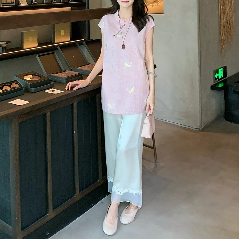 2025夏季新款新中式国风时尚气质套装女飞飞袖衬衫休闲裤子两件套