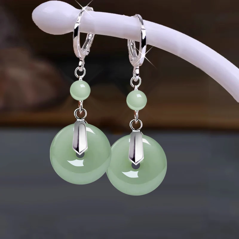 S925纯银天然玉石东陵玉耳环平安扣耳坠不过敏2025年新款耳饰品