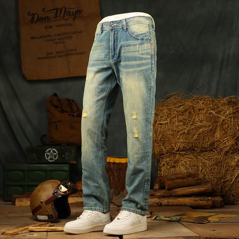 DeweLvum潮牌牛仔裤男士破洞牛仔裤宽松百搭大尺码直筒修身男青年