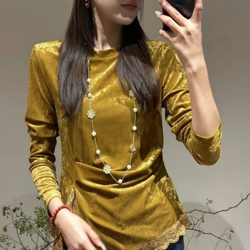 俞兆林中老年蕾丝开叉下摆长袖打底衫秋季时尚国风设计感修身显瘦