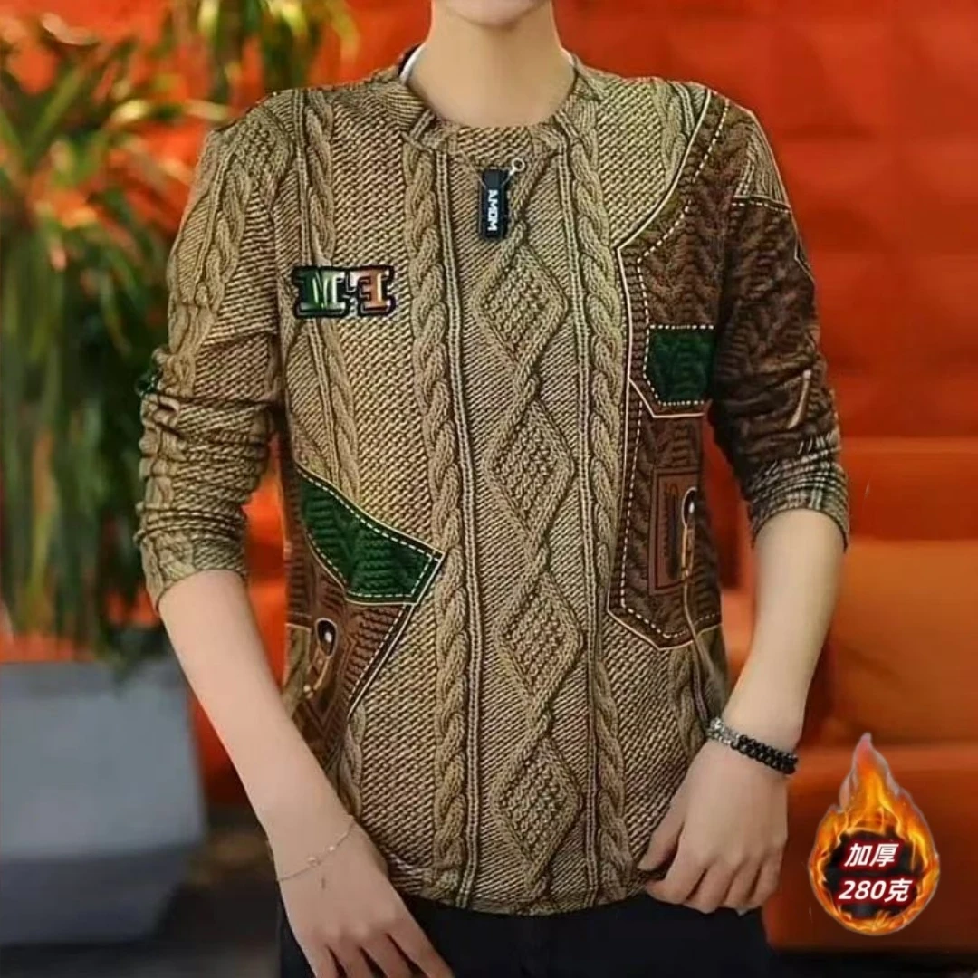 新款秋冬男士t恤长袖潮流时尚洋气休闲加厚修身保暖仿针织打底衫