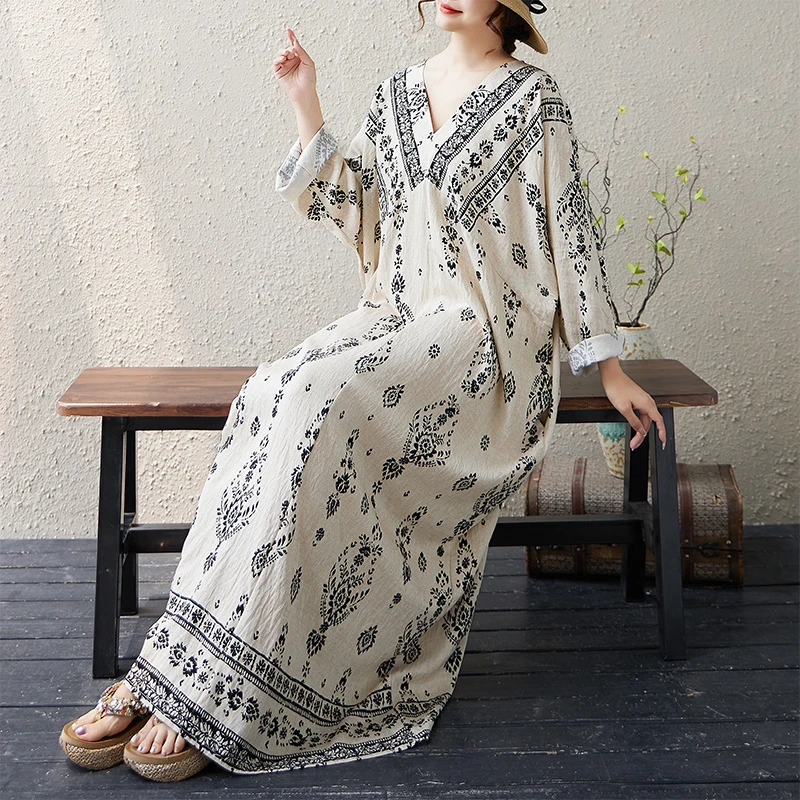 大码宽松印花长袖防晒v领长裙女装秋季垂感定位花宽松显瘦连衣裙