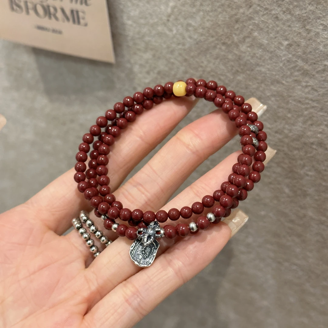 s09965  <非晚>S925银砂砂圆珠十字杵杵蜜蜡扎基弹力多圈手串复古