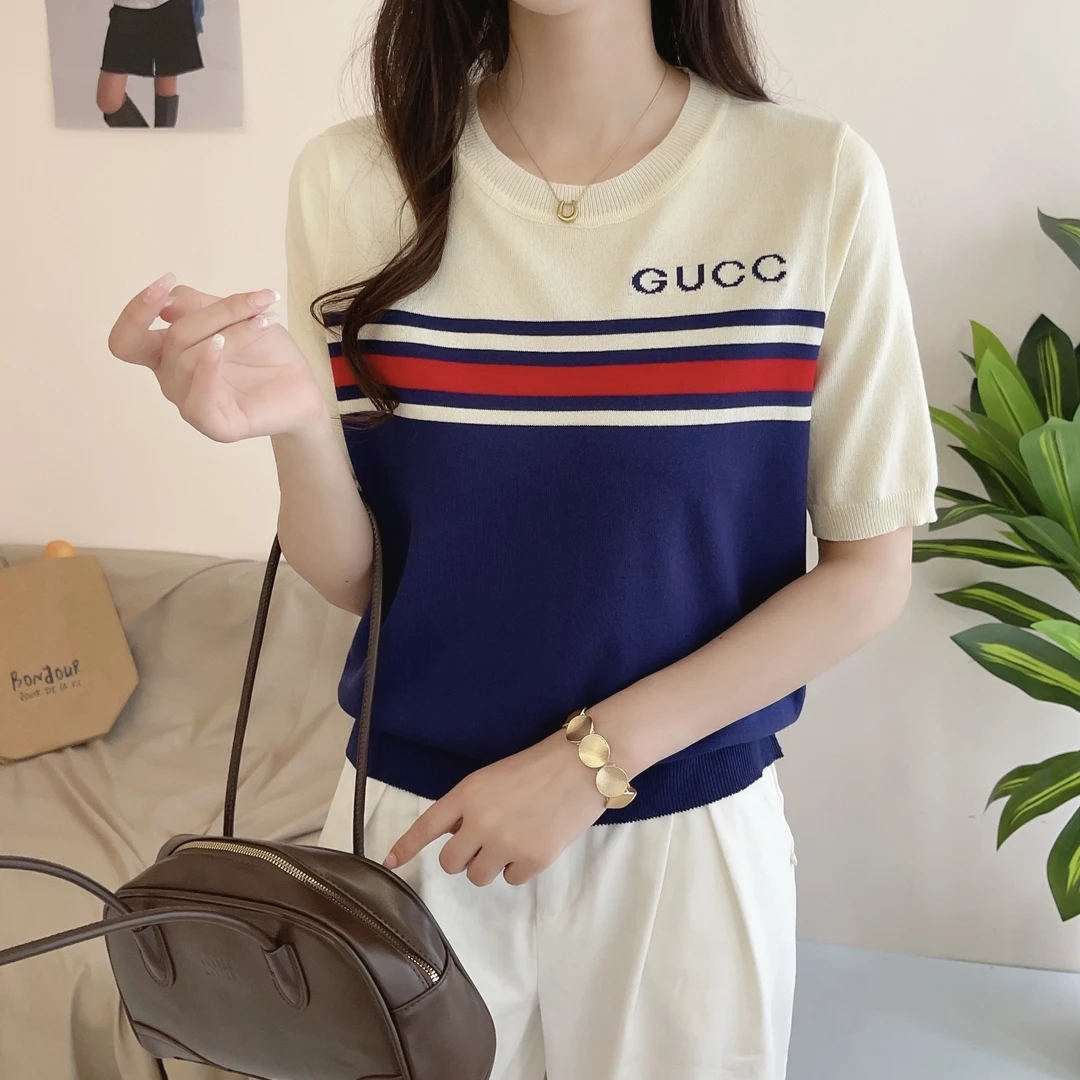 夏季新款时尚休闲百搭字母提花撞色条纹圆领短袖针织衫女T恤上衣
