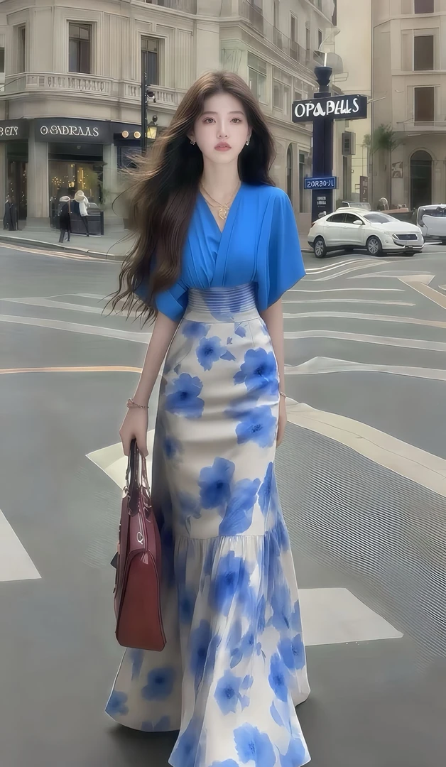 温柔纯欲千金风松弛感V领短袖收腰显瘦两件套女时尚蓝色长裙套装