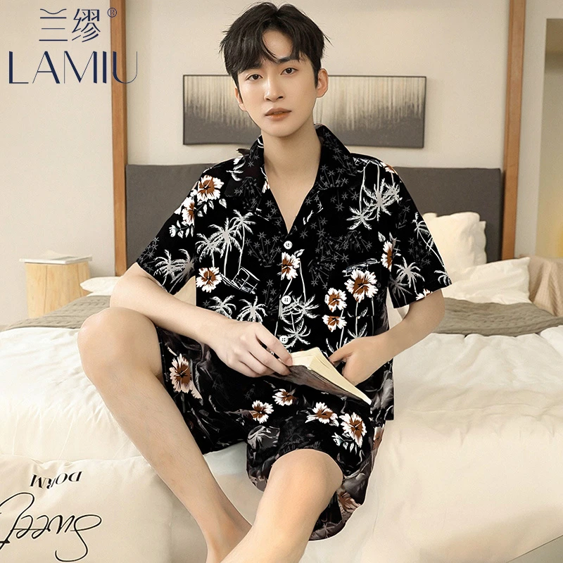 2025新款睡衣男士冰丝夏季薄款短袖短裤青少年休闲凉感时尚家居服