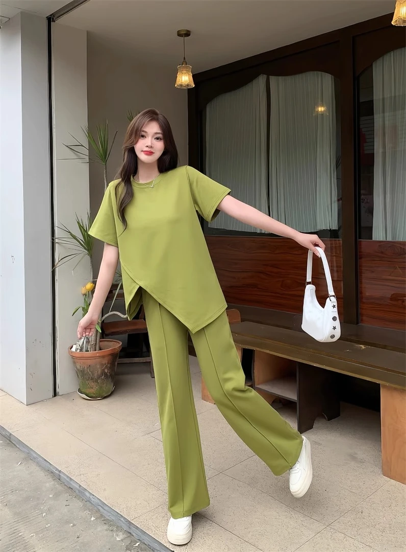 大码女装夏装微胖mm显瘦遮肉减龄高级设计感T恤上衣阔腿裤两件套