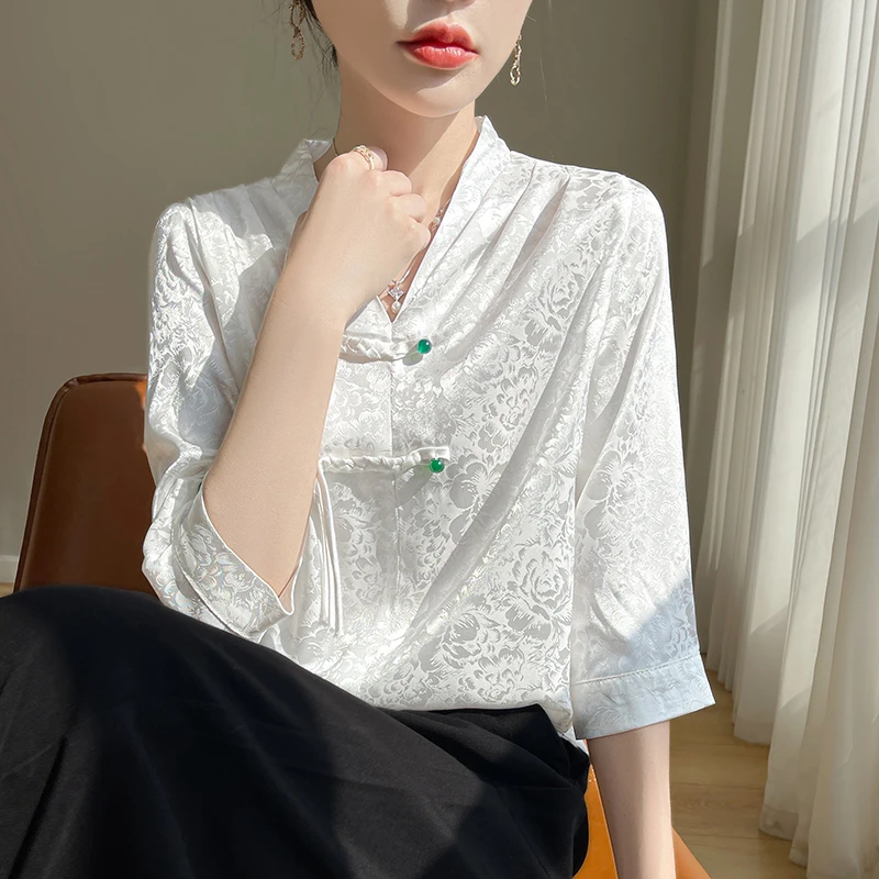 新中式提花衬衫女长袖T恤七分袖上衣醋酸缎面小衫盘扣气质衬衣