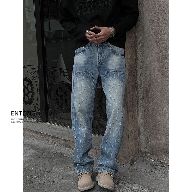 Entong高端潮牌baggy风提花牛仔裤男士美式复古宽松直筒伐木长裤
