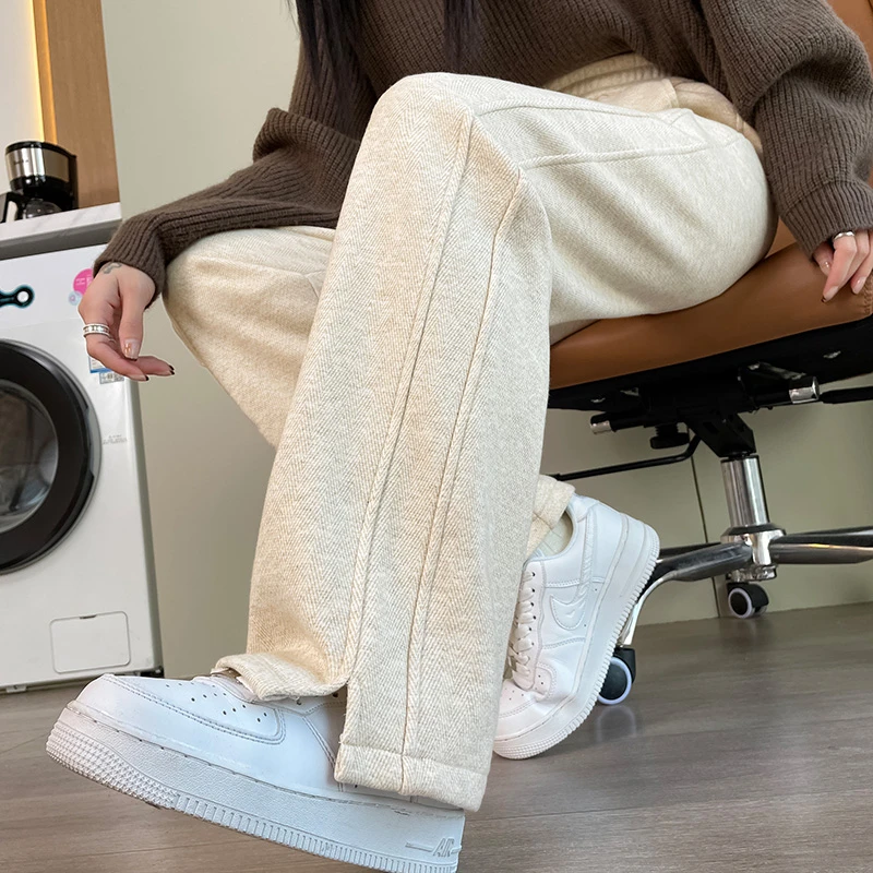 人字纹侧开叉毛呢阔腿裤女九分小个子大码加绒直筒长裤加厚秋冬季