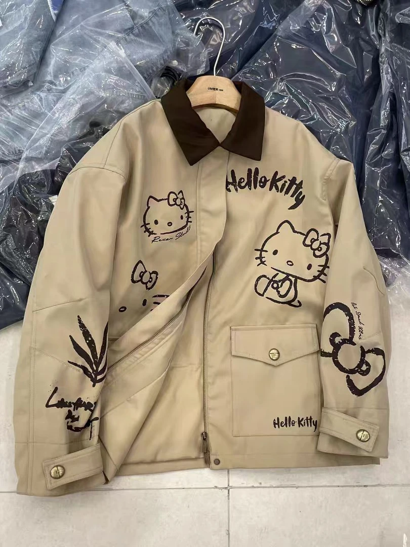 法式小众UM有米设计感灯芯领翻领卡通猫印花休闲宽松风衣外套工装