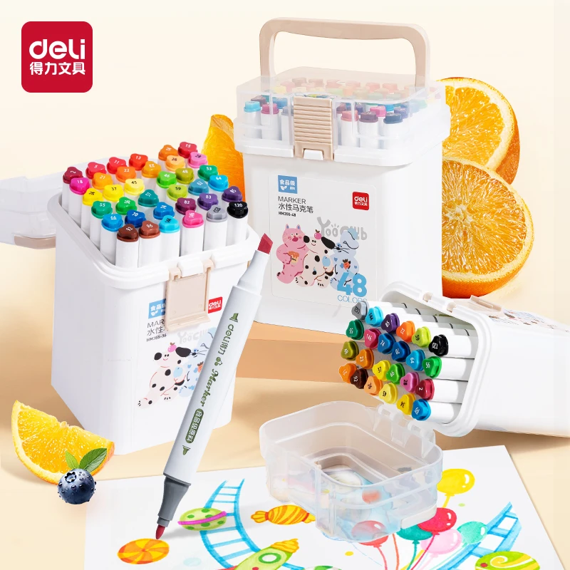 得力食品级双头马克笔小学生专用可水洗儿童美术手抄报画画水彩笔