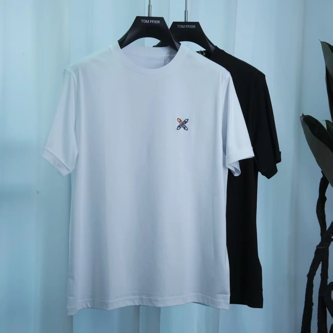 布里*奥高奢100纯棉丝光烧毛工艺刺绣抗皱丝滑圆领短袖T恤5112