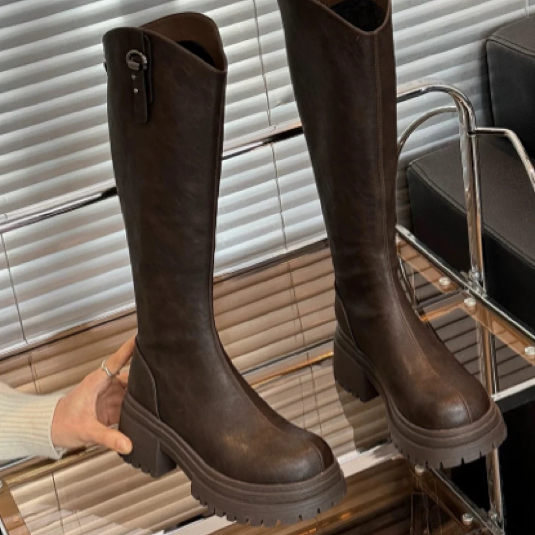 复古棕色长筒靴女2025英伦风不过膝骑士靴
