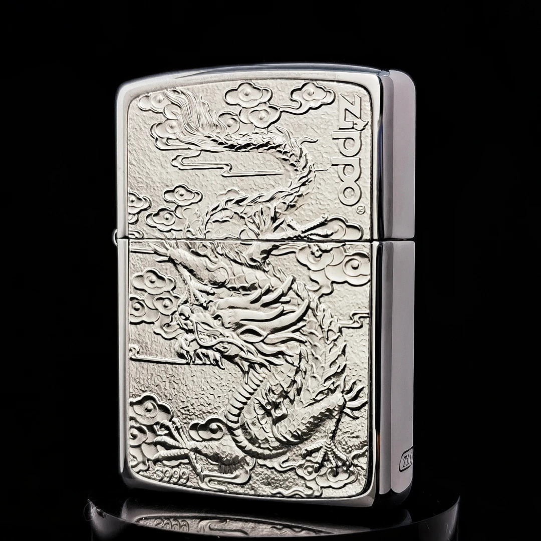 ZIPPO打火机正品/纯银贴章祥云龙-盔甲镜面男士防风-DYJ1