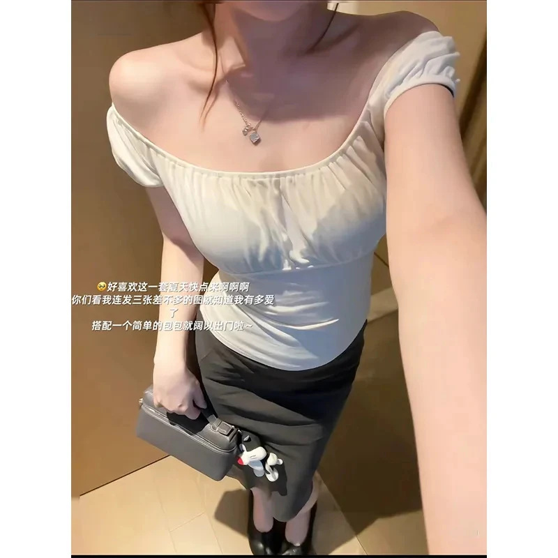 纯欲大方领泡泡袖短袖t恤女夏季2025新款修身辣妹显身材白色上衣