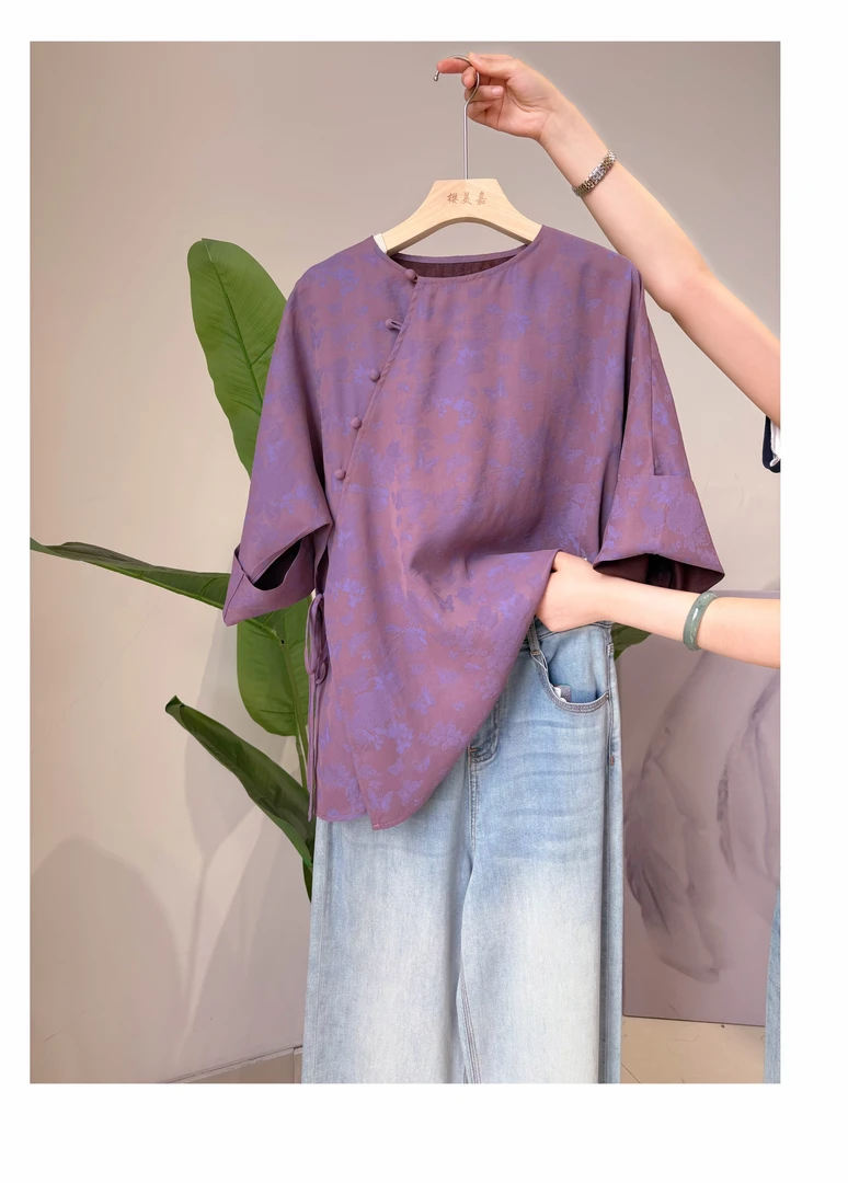 DY2282樱美嘉100桑蚕丝桑香云纱斜襟衬衫圆领时尚百搭显白