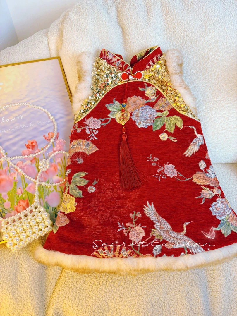 年服背心裙喜庆新款女童重工网纱公主裙洋气秋冬连衣裙加绒连衣裙