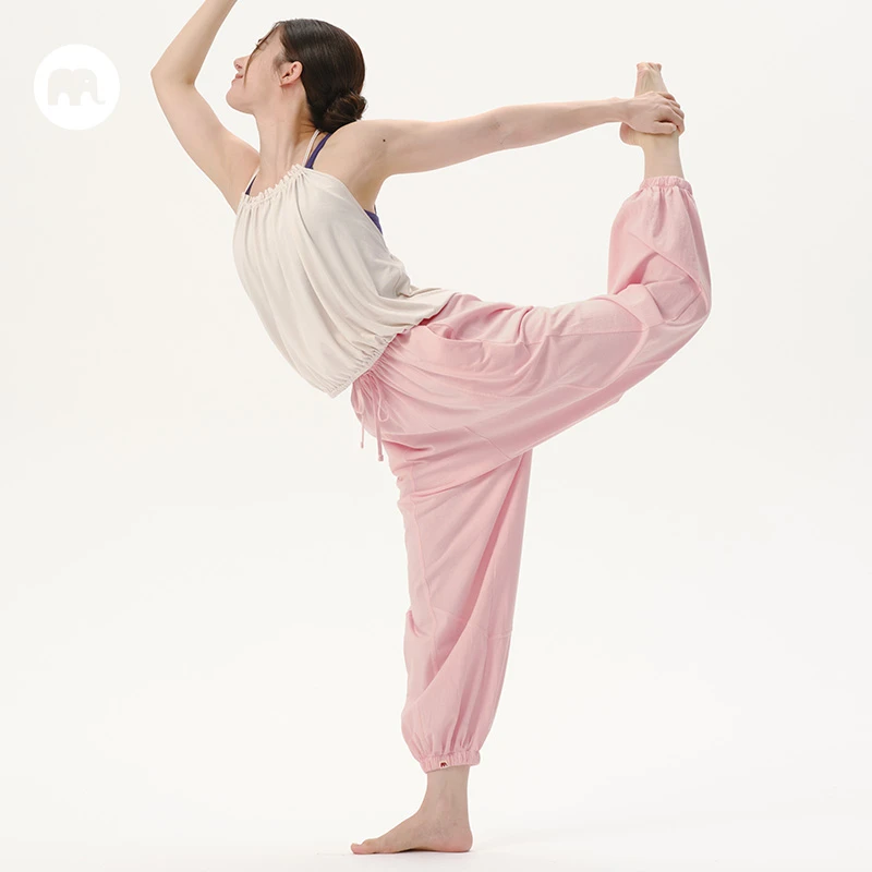 omshan 纯棉拼接宽松束脚灯笼裤  日常休闲外抽绳瑜伽裤