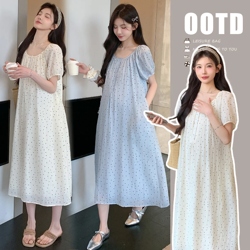 【BLUE】2025新款夏季韩版小清新天丝波点孕妇显瘦连衣裙#7852