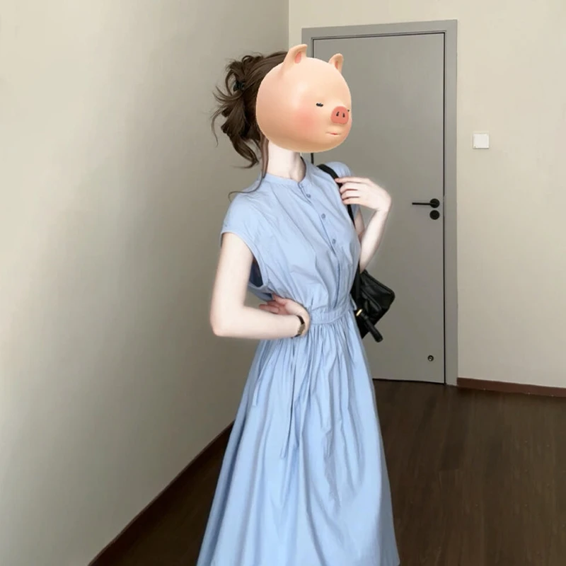 高级感蓝色短袖衬衫连衣裙子女装夏季2025年新款收腰显瘦气质长裙