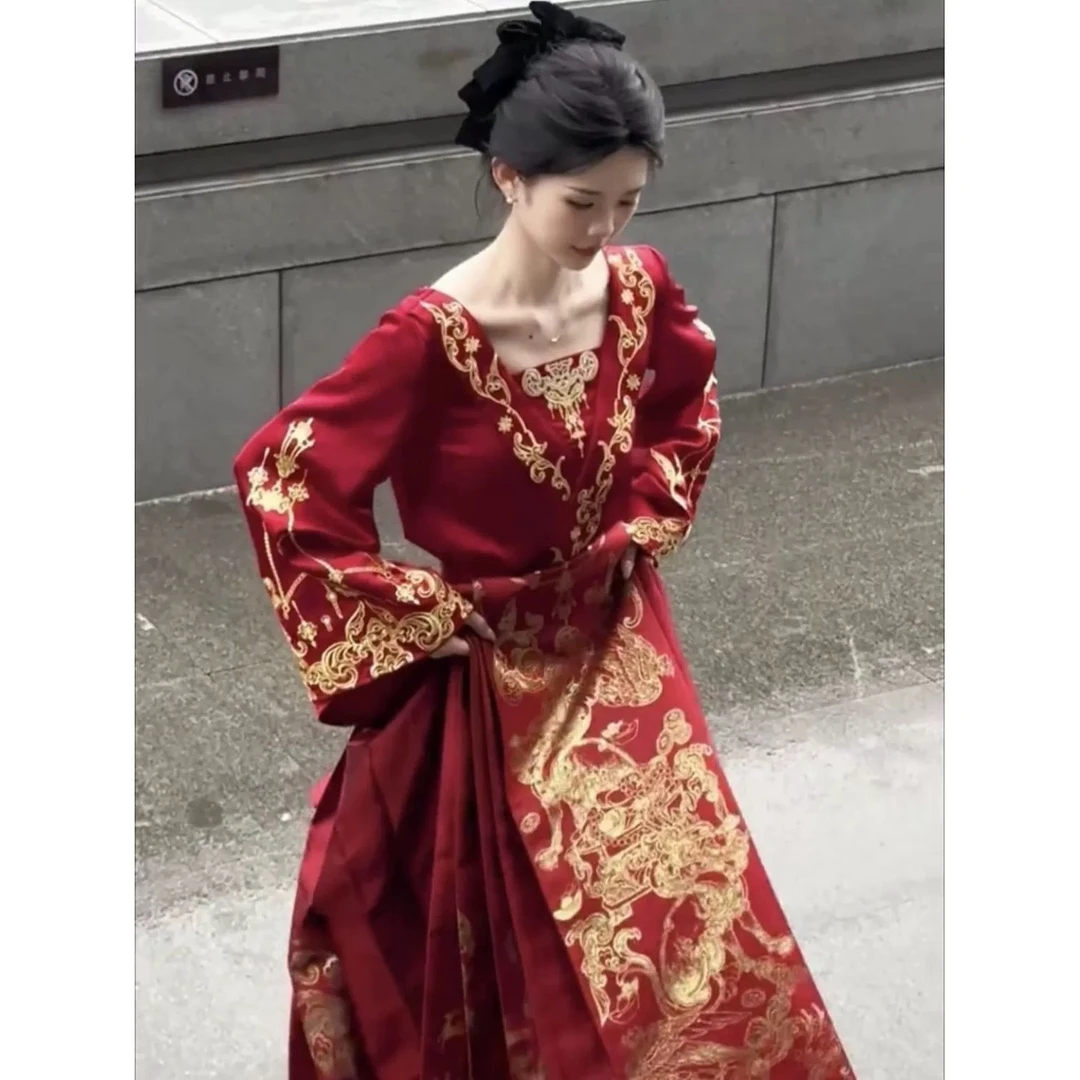 新款中式[珠联璧合]重工马面裙汉服敬酒服订婚服新娘服半身裙套装