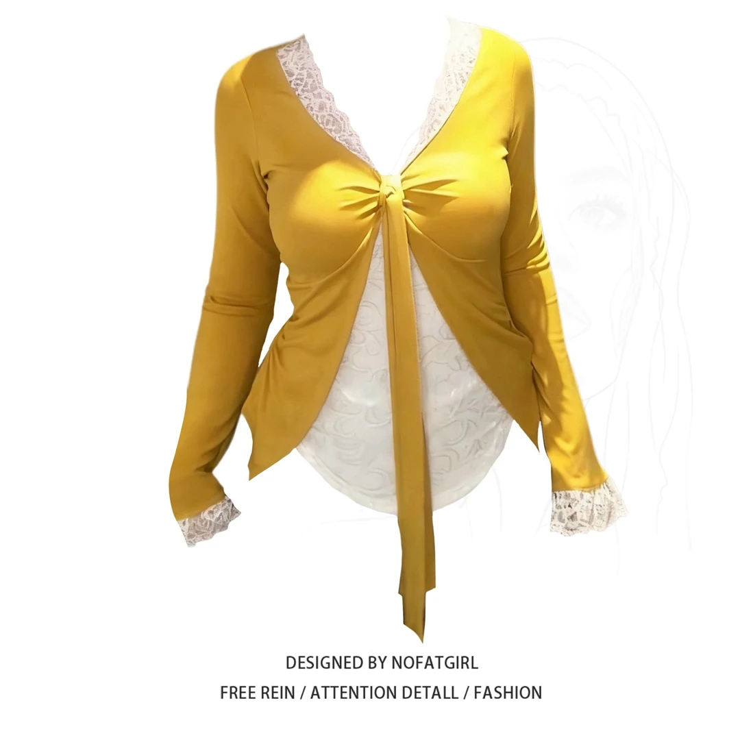 大码胖妹妹纯欲风V领绑带蕾丝拼接长袖t恤女早秋修身显瘦别致上衣