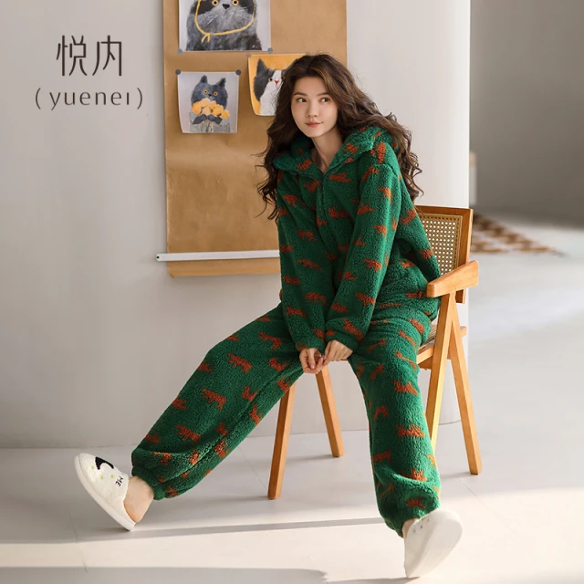 悦内睡衣女款秋冬季冬款珊瑚绒加绒加厚法兰绒家居服冬天保暖连帽