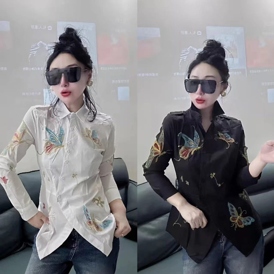 敏宝＋7269刺绣翻领新中式蝴蝶冬季长袖衬衫外套百搭网红时尚