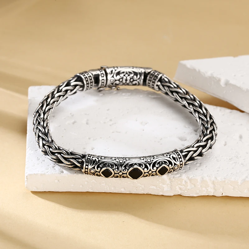 925银手镯 精工编织圆黑锆手链 男女同款流行饰品