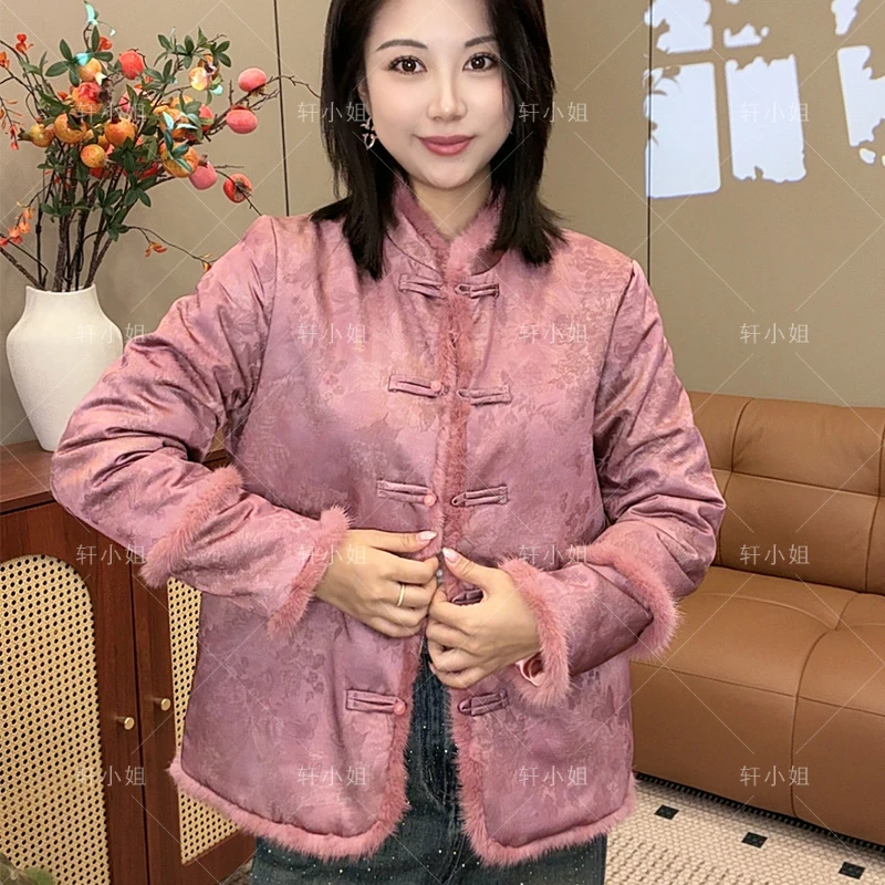 【轩小姐】新款貂毛女夹棉外套复古盘扣棉服新中式国风女装上衣1982