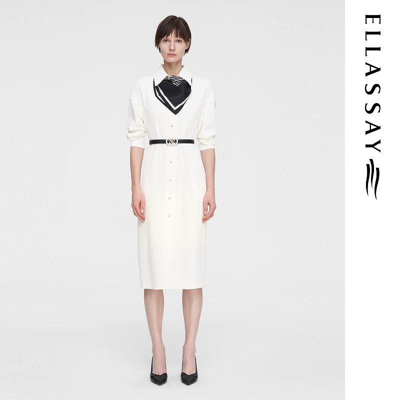 ELLASSAY歌力思早春新款优雅淑女丝巾叠搭连衣裙女EWF351Y06200