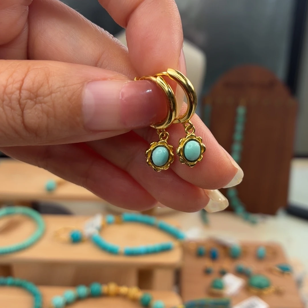 绿松石银S925镀金镶嵌耳饰